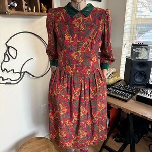 Vintage 80s 90s Equestrian Silk Rayon Blend Midi Dress USA ~ Size Small